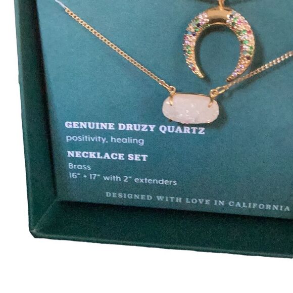 LUNA NORTE NIB NECKLACE SET BRASS GENUINE DRUZY QUARTZ POSITIVELY HEALING - Picture 4 of 6